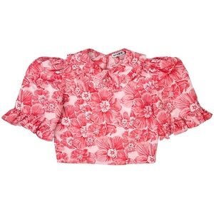 BATSHEVA Red Floral Ruffled Peter Pan Collar Puff Sleeve Crop Top sz 4